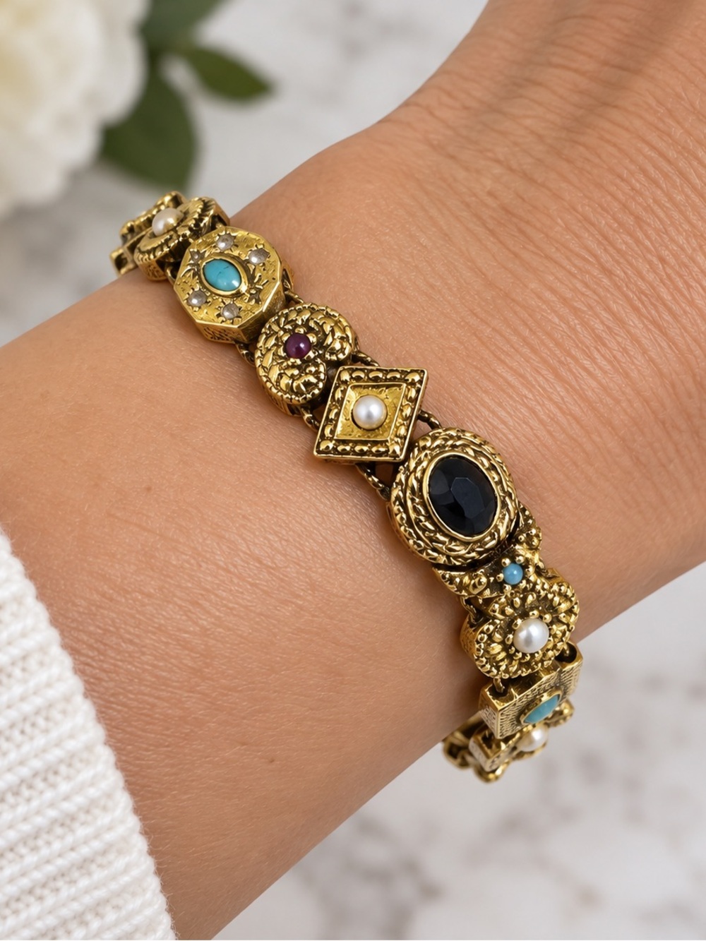 Vintage Signed Goldette NY Multiple Gemstones Safety Chain Slide Charm Bracelet